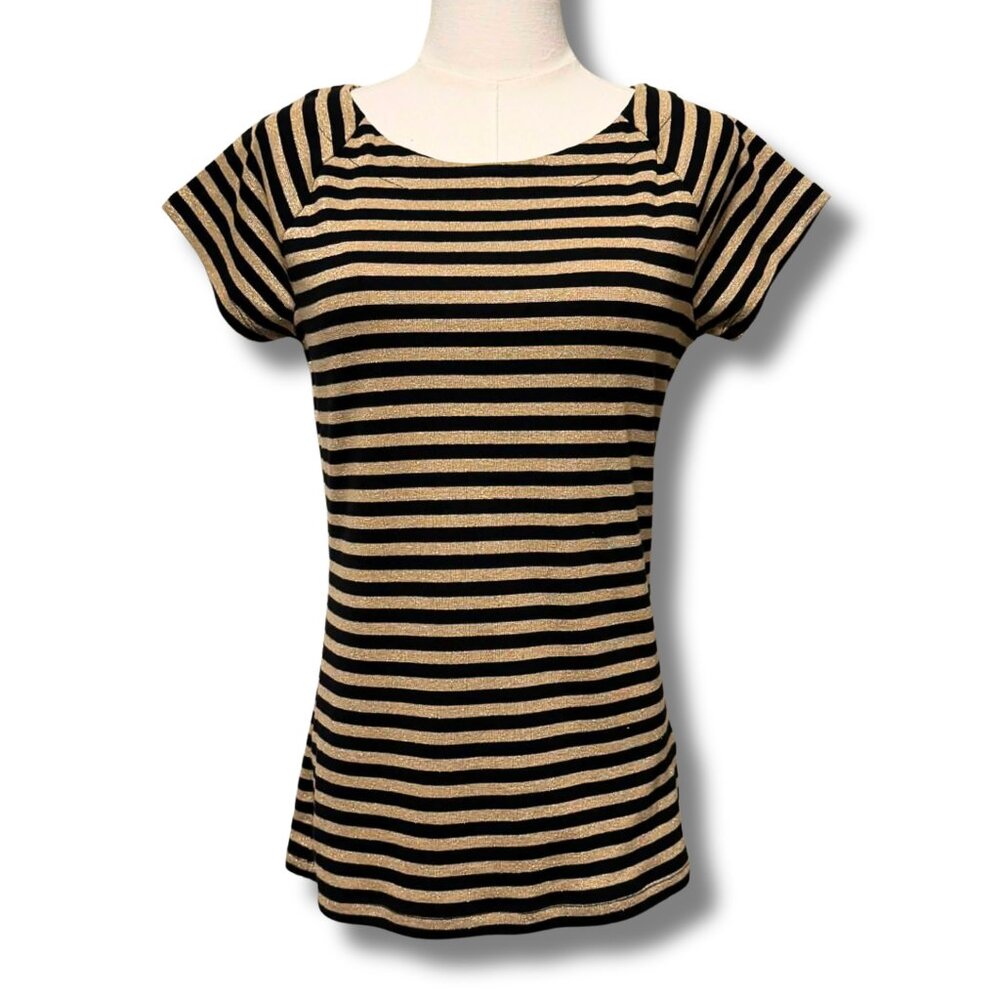 Lauren Ralph Lauren Y2K Metallic Gold & Black Stripe Tee Shirt Top – Size Large